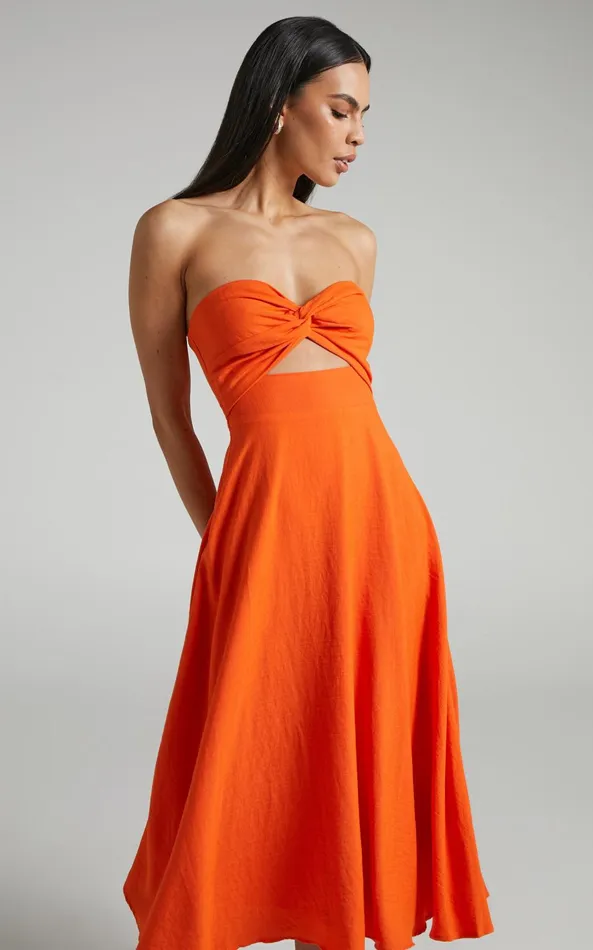 Showpo Avie Midi Dress 8211 Twist Strapless Cocktail Dress In Orange Women Dresses