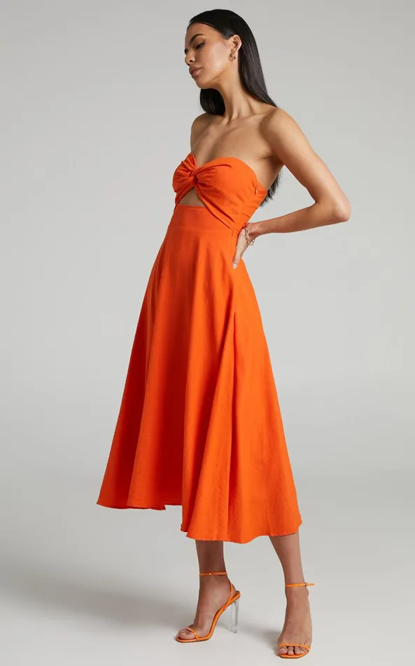 Showpo Avie Midi Dress 8211 Twist Strapless Cocktail Dress In Orange Women Dresses