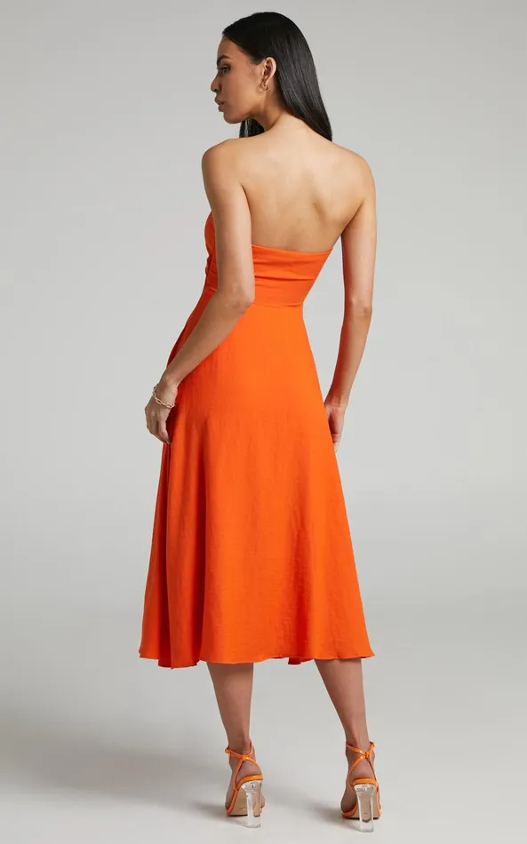 Showpo Avie Midi Dress 8211 Twist Strapless Cocktail Dress In Orange Women Dresses