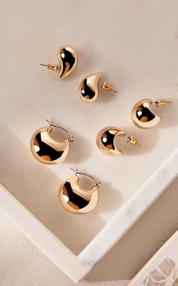 Showpo Avril Earrings 8211 Thick Hoop Detail 3 Earring Pack In Gold Women Earrings