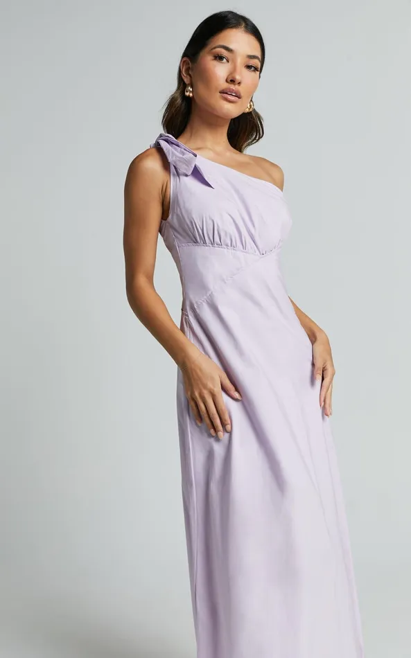 Showpo Ayah Midi Dress 8211 One Shoulder Bow Detail Midi Dress In Lilac Women Dresses
