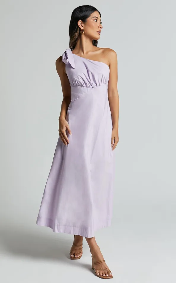 Showpo Ayah Midi Dress 8211 One Shoulder Bow Detail Midi Dress In Lilac Women Dresses