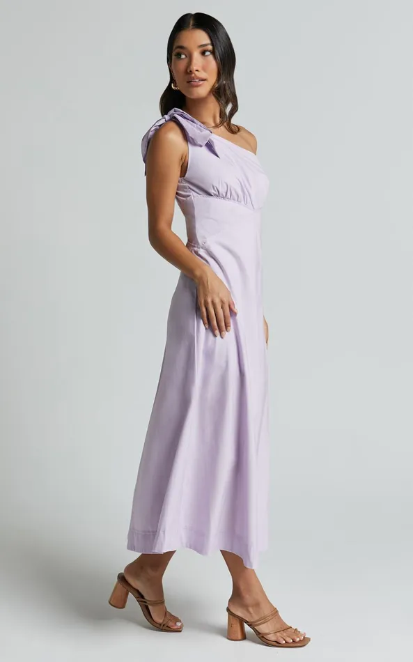 Showpo Ayah Midi Dress 8211 One Shoulder Bow Detail Midi Dress In Lilac Women Dresses