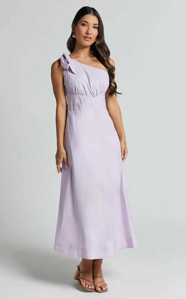 Showpo Ayah Midi Dress 8211 One Shoulder Bow Detail Midi Dress In Lilac Women Dresses