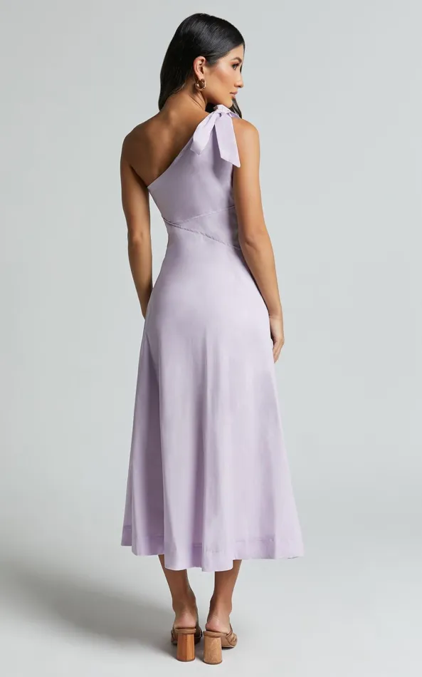 Showpo Ayah Midi Dress 8211 One Shoulder Bow Detail Midi Dress In Lilac Women Dresses