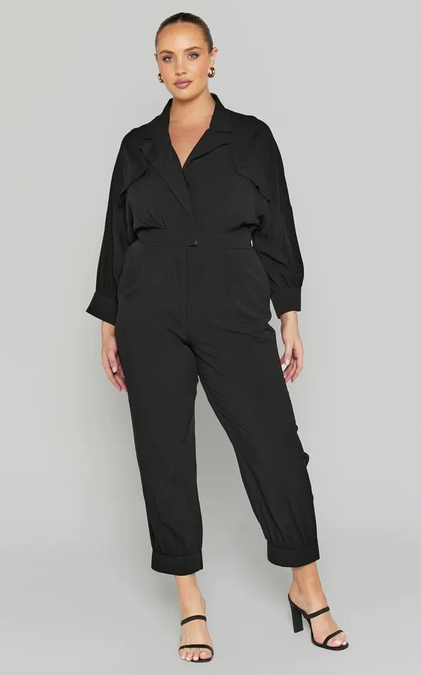 Showpo Ayelin Jumpsuit 8211 Linen Look Relaxed 34 Sleeve Jumpsuit In Black Women Curve Clothes