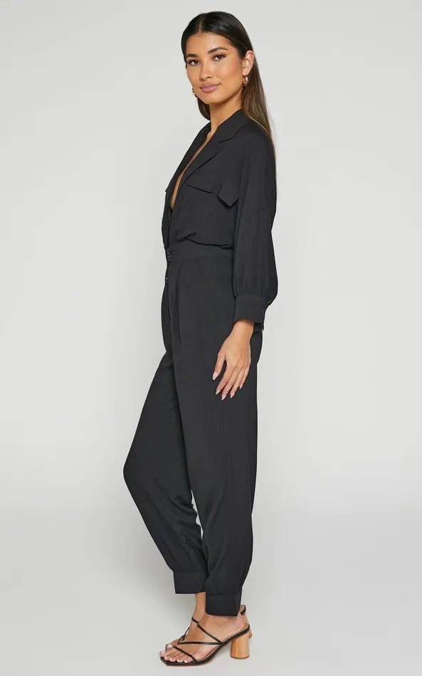 Showpo Ayelin Jumpsuit 8211 Linen Look Relaxed 34 Sleeve Jumpsuit In Black Women Curve Clothes