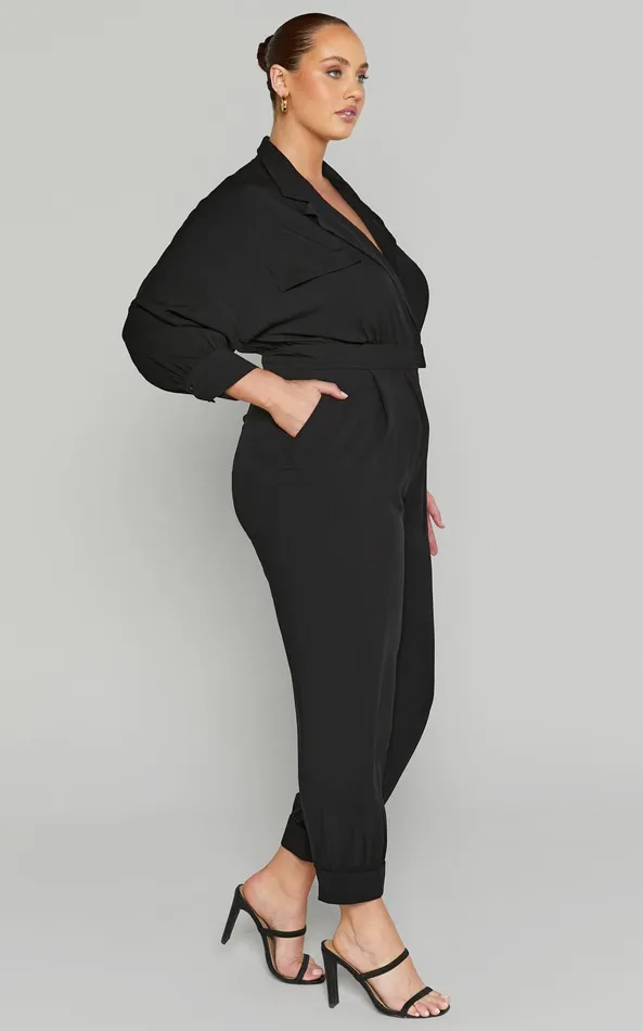 Showpo Ayelin Jumpsuit 8211 Linen Look Relaxed 34 Sleeve Jumpsuit In Black Women Curve Clothes
