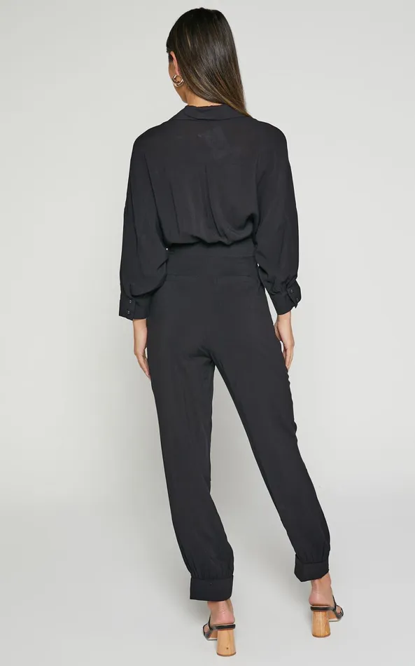 Showpo Ayelin Jumpsuit 8211 Linen Look Relaxed 34 Sleeve Jumpsuit In Black Women Curve Clothes