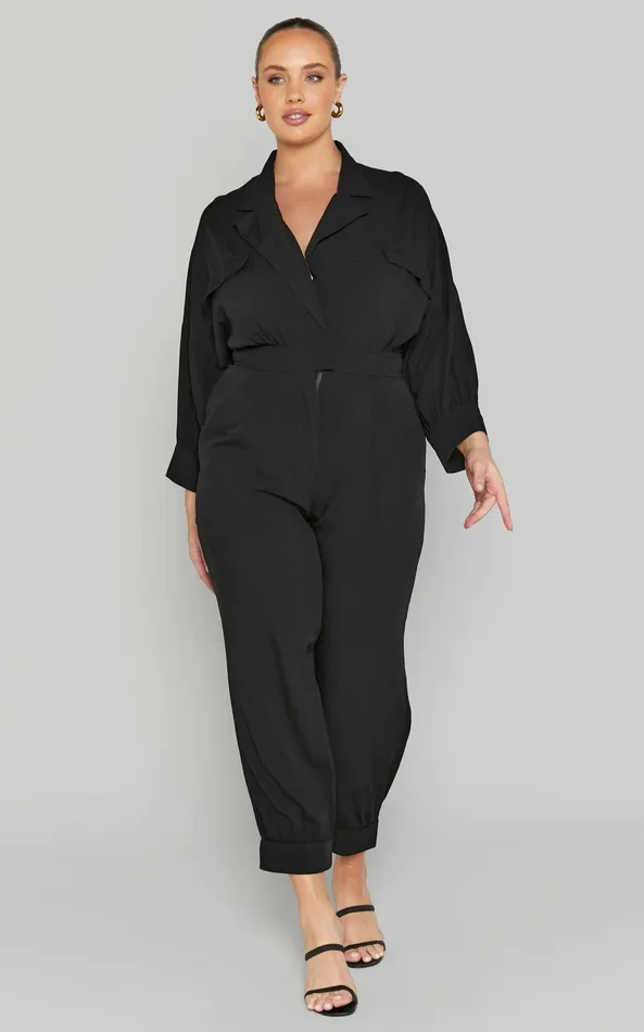 Showpo Ayelin Jumpsuit 8211 Linen Look Relaxed 34 Sleeve Jumpsuit In Black Women Curve Clothes