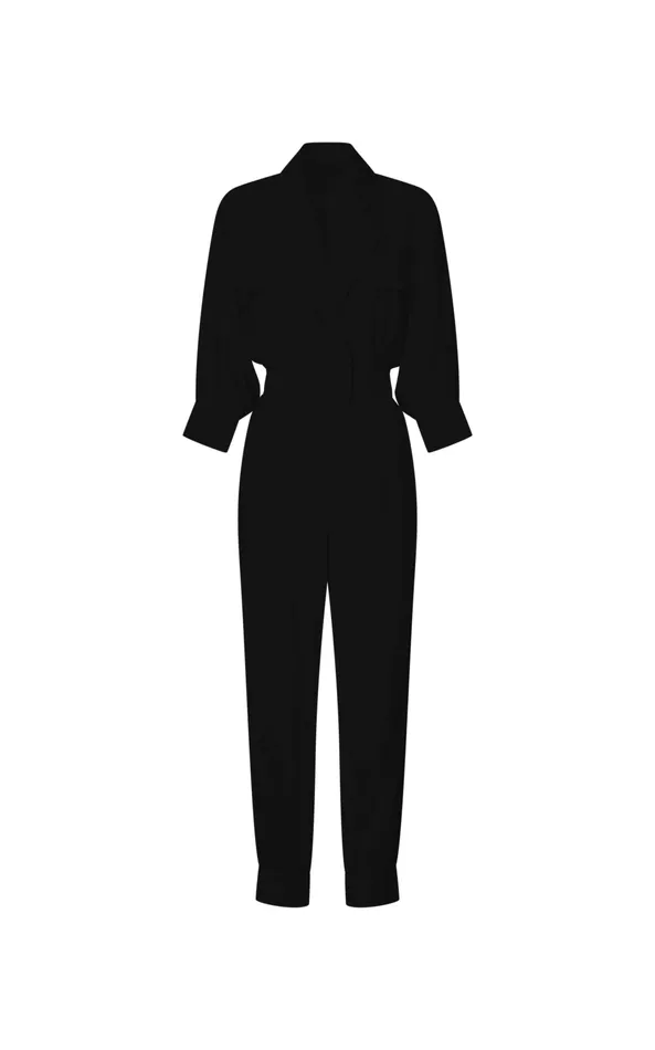 Showpo Ayelin Jumpsuit 8211 Linen Look Relaxed 34 Sleeve Jumpsuit In Black Women Curve Clothes