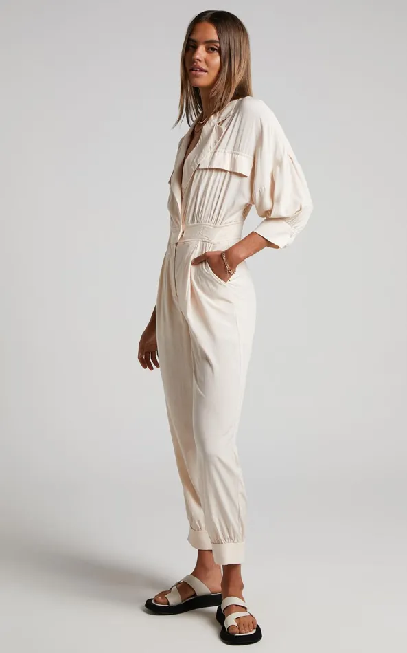 Showpo Ayelin Jumpsuit 8211 Linen Look Relaxed 34 Sleeve Jumpsuit In Cream Women Curve Clothes
