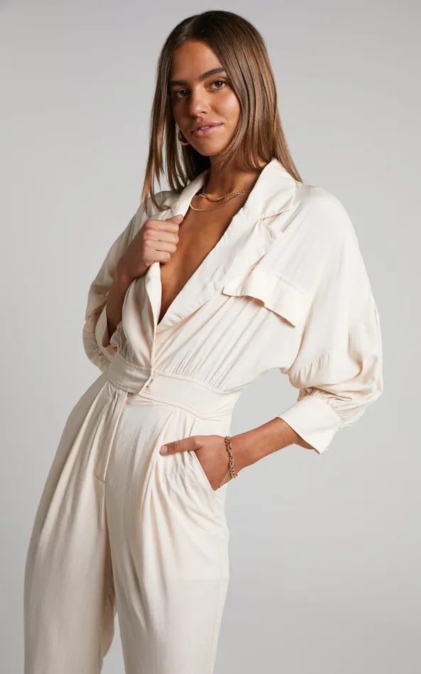 Showpo Ayelin Jumpsuit 8211 Linen Look Relaxed 34 Sleeve Jumpsuit In Cream Women Curve Clothes