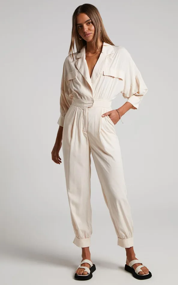 Showpo Ayelin Jumpsuit 8211 Linen Look Relaxed 34 Sleeve Jumpsuit In Cream Women Curve Clothes
