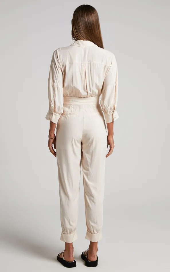 Showpo Ayelin Jumpsuit 8211 Linen Look Relaxed 34 Sleeve Jumpsuit In Cream Women Curve Clothes
