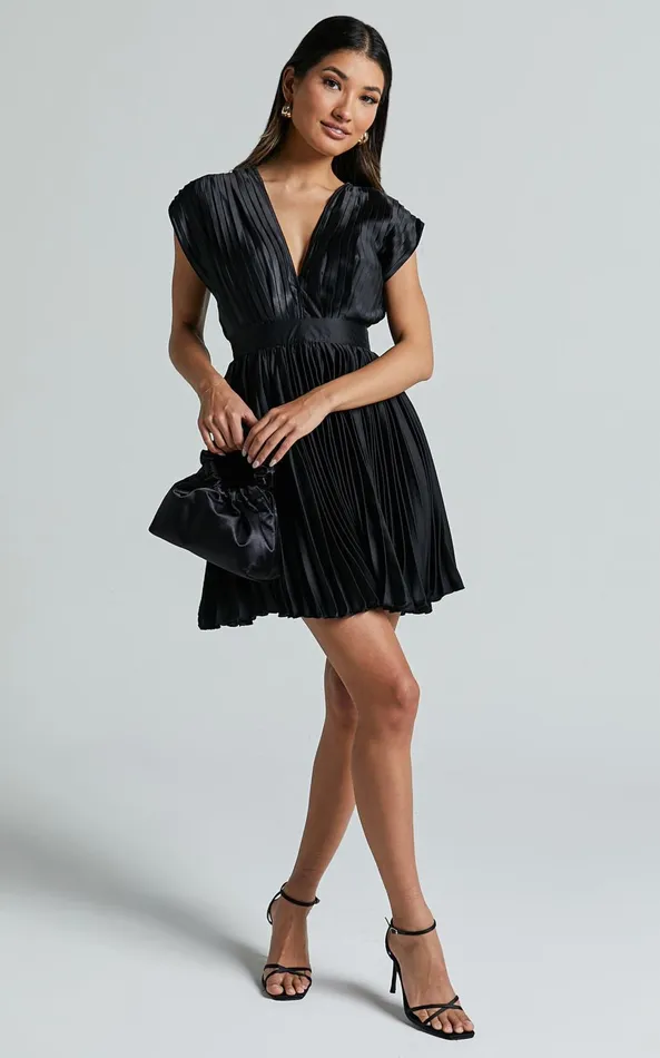 Showpo Ayienny Mini Dress 8211 Plunge Neck Pleated Dress In Black Women Dresses
