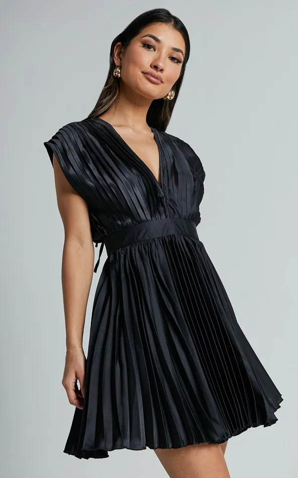 Showpo Ayienny Mini Dress 8211 Plunge Neck Pleated Dress In Black Women Dresses