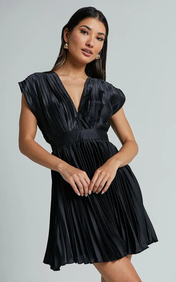 Showpo Ayienny Mini Dress 8211 Plunge Neck Pleated Dress In Black Women Dresses