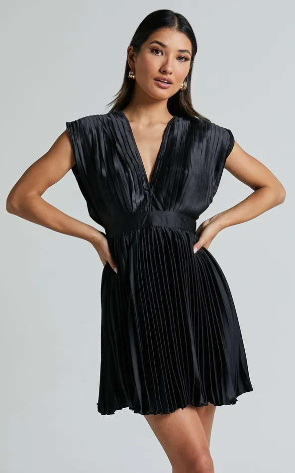 Showpo Ayienny Mini Dress 8211 Plunge Neck Pleated Dress In Black Women Dresses