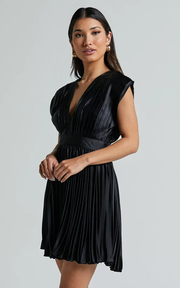 Showpo Ayienny Mini Dress 8211 Plunge Neck Pleated Dress In Black Women Dresses