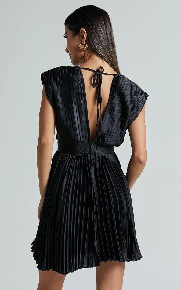 Showpo Ayienny Mini Dress 8211 Plunge Neck Pleated Dress In Black Women Dresses