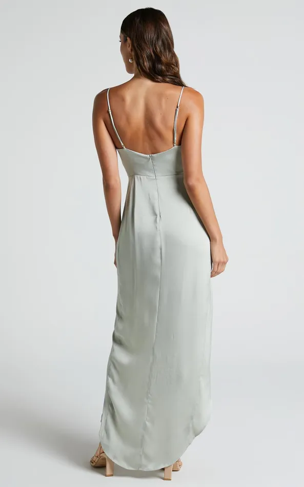 Showpo Azrael Midi Dress 8211 V Neck Satin Tulip Dress In Sage Women Dresses
