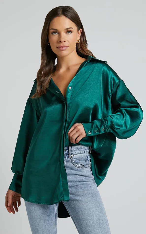 Showpo Azurine Shirt 8211 Oversized Button Up Shirt In Green Women Tops