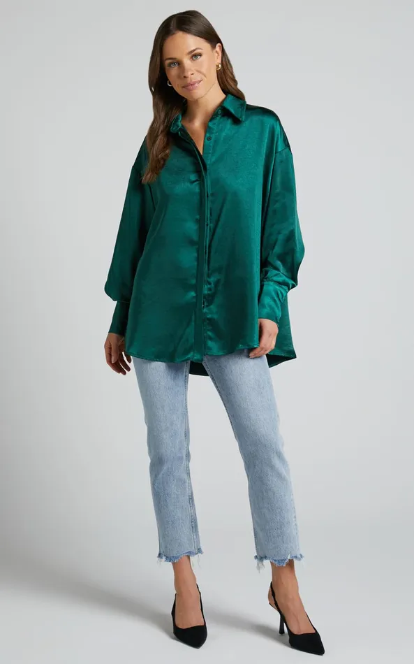 Showpo Azurine Shirt 8211 Oversized Button Up Shirt In Green Women Tops