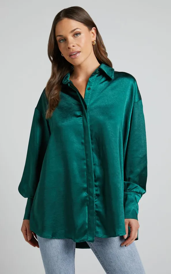Showpo Azurine Shirt 8211 Oversized Button Up Shirt In Green Women Tops