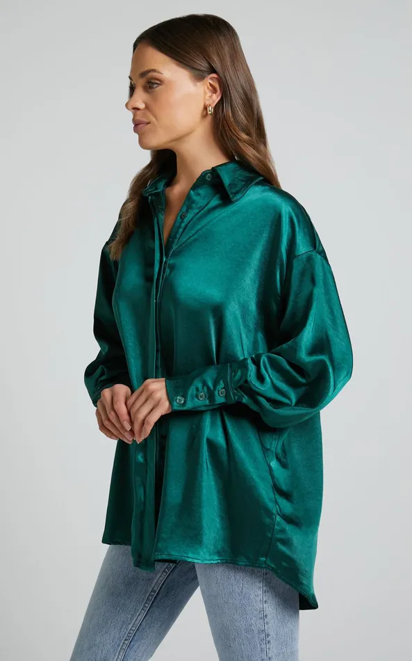 Showpo Azurine Shirt 8211 Oversized Button Up Shirt In Green Women Tops