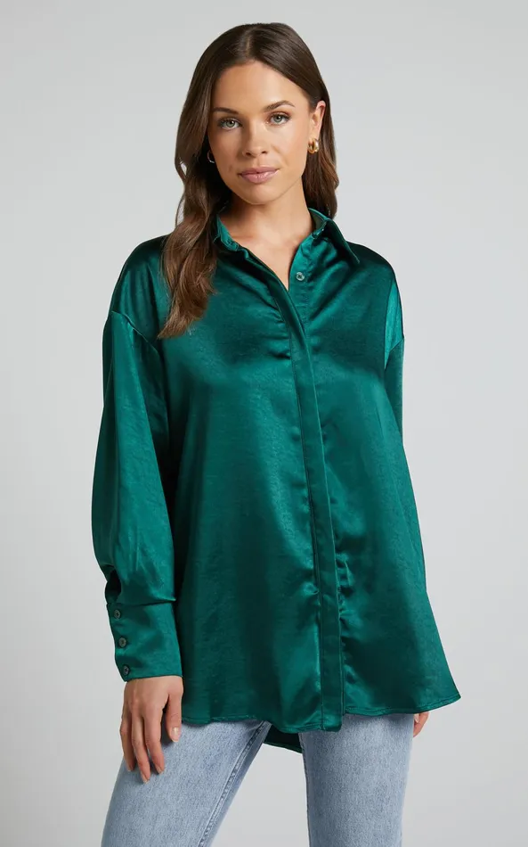 Showpo Azurine Shirt 8211 Oversized Button Up Shirt In Green Women Tops
