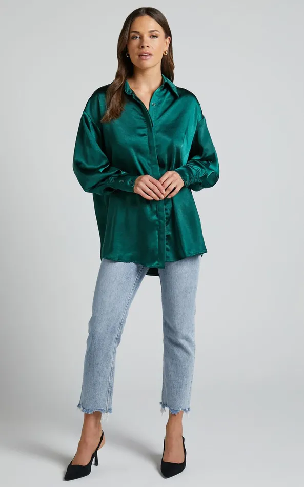 Showpo Azurine Shirt 8211 Oversized Button Up Shirt In Green Women Tops