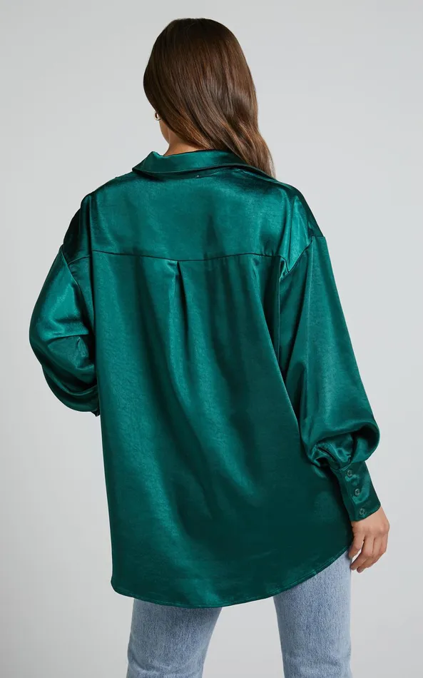 Showpo Azurine Shirt 8211 Oversized Button Up Shirt In Green Women Tops