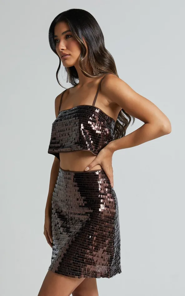 Showpo Barlyn Crop Top 8211 Square Neck Crop Flat Sequin Top In Chocolate Women Tops