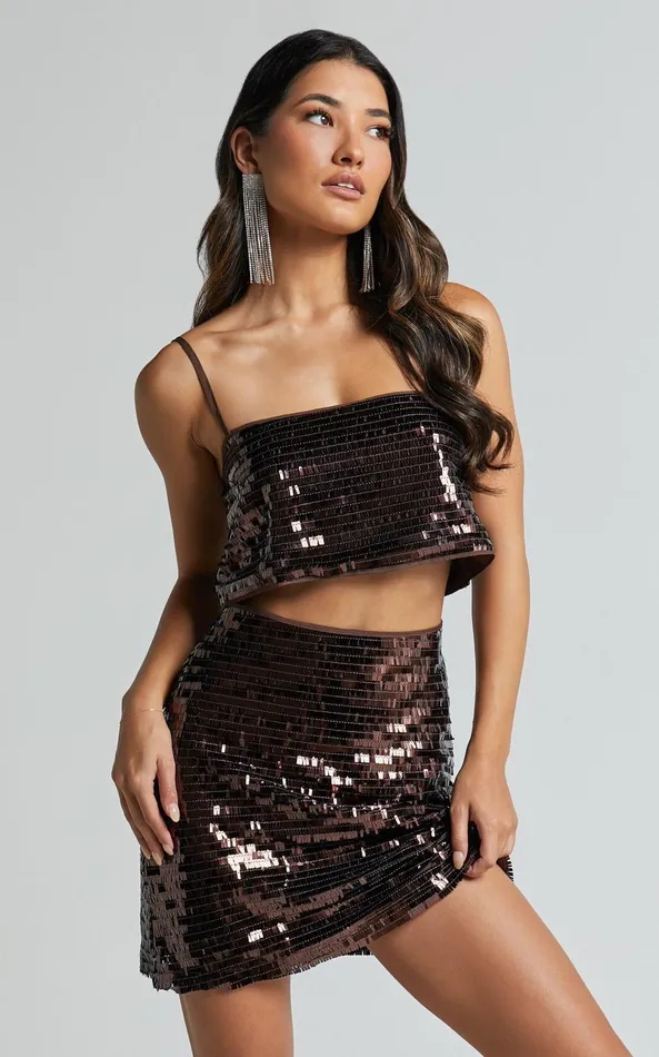 Showpo Barlyn Crop Top 8211 Square Neck Crop Flat Sequin Top In Chocolate Women Tops