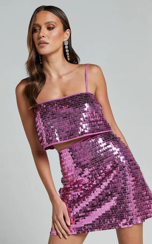 Showpo Barlyn Crop Top 8211 Square Neck Crop Flat Sequin Top In Orchid Women Tops