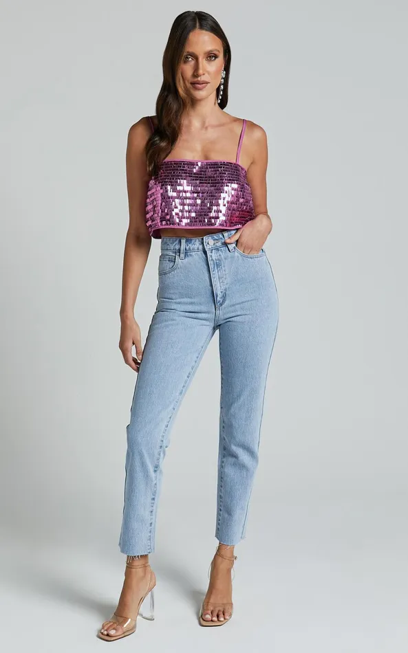 Showpo Barlyn Crop Top 8211 Square Neck Crop Flat Sequin Top In Orchid Women Tops