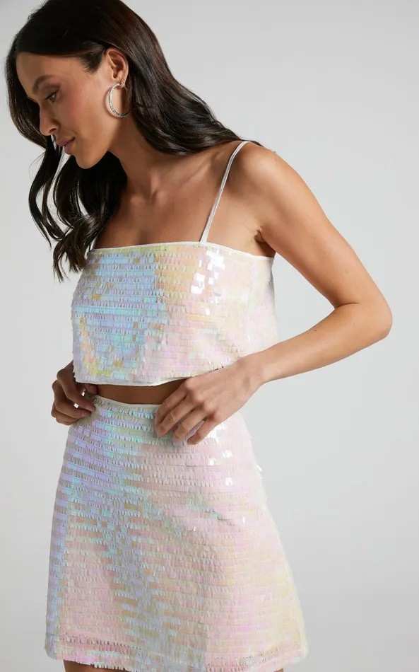 Showpo Barlyn Crop Top 8211 Square Neck Crop Flat Sequin Top In Pearl Women Tops