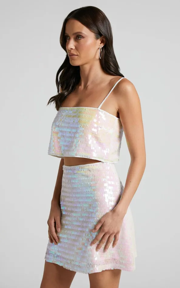 Showpo Barlyn Crop Top 8211 Square Neck Crop Flat Sequin Top In Pearl Women Tops