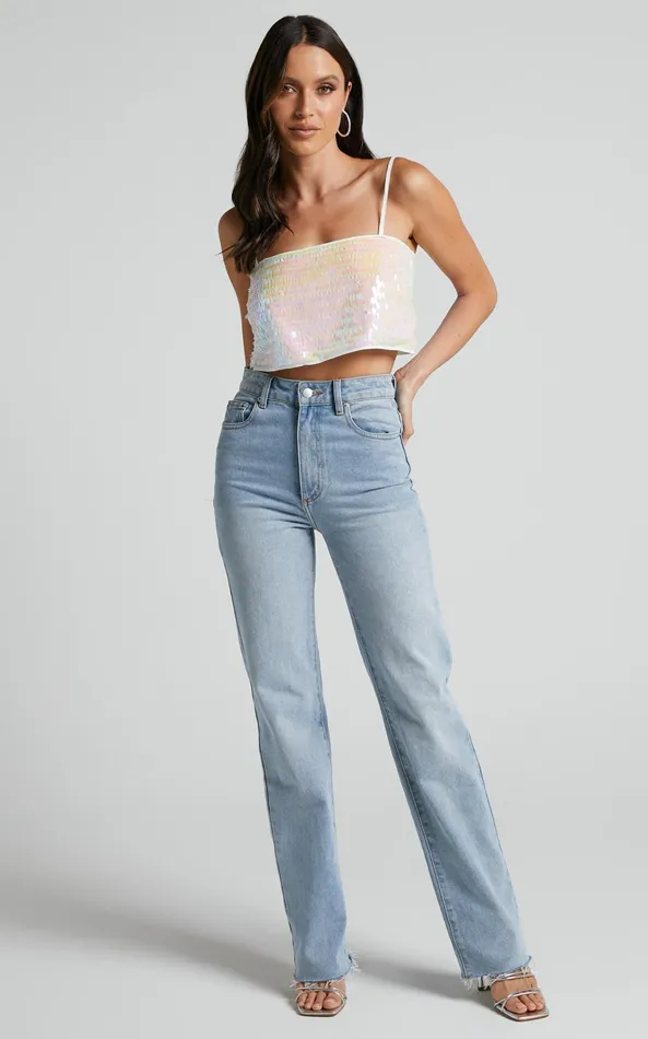 Showpo Barlyn Crop Top 8211 Square Neck Crop Flat Sequin Top In Pearl Women Tops