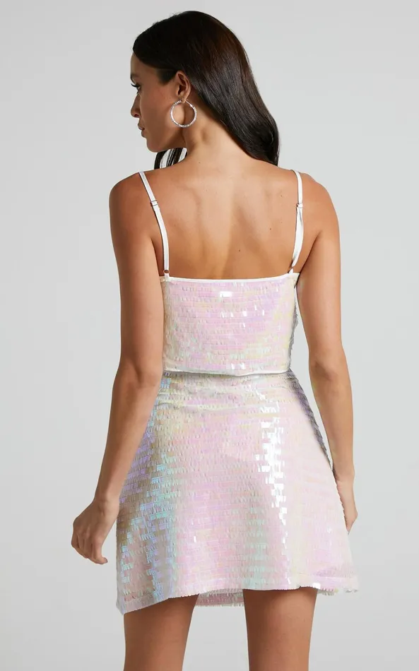 Showpo Barlyn Crop Top 8211 Square Neck Crop Flat Sequin Top In Pearl Women Tops