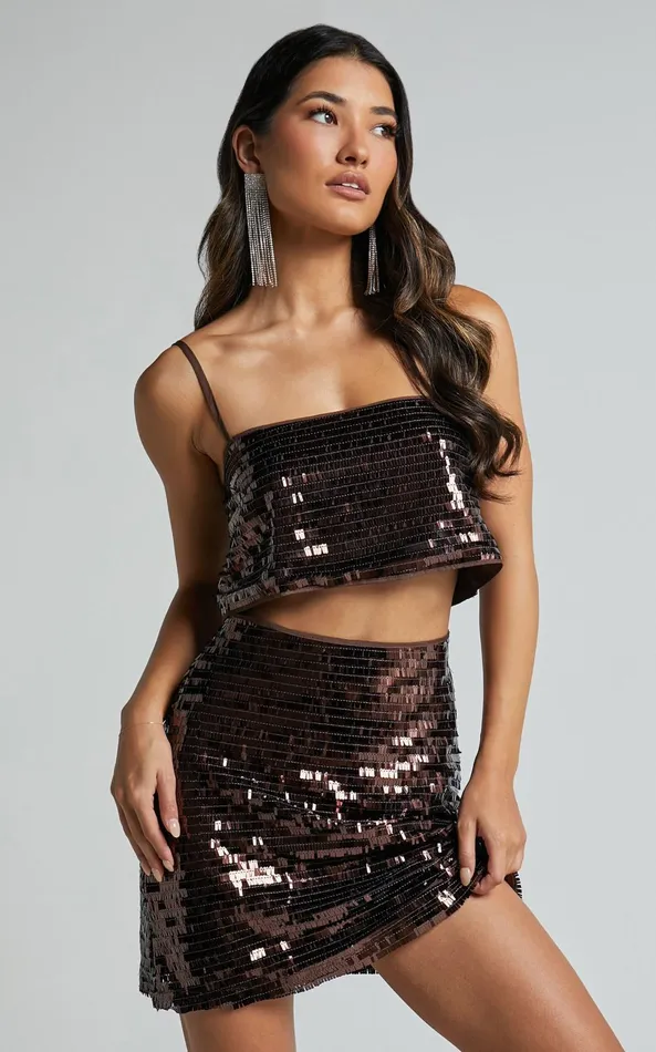 Showpo Barlyn Mini Skirt 8211 High Waisted Aline Flat Sequin Skirt In Chocolate Women Skirts Showpo Barlyn Mini Skirt 8211 High Waisted Aline Flat Sequin Skirt In Chocolate Women Skirts