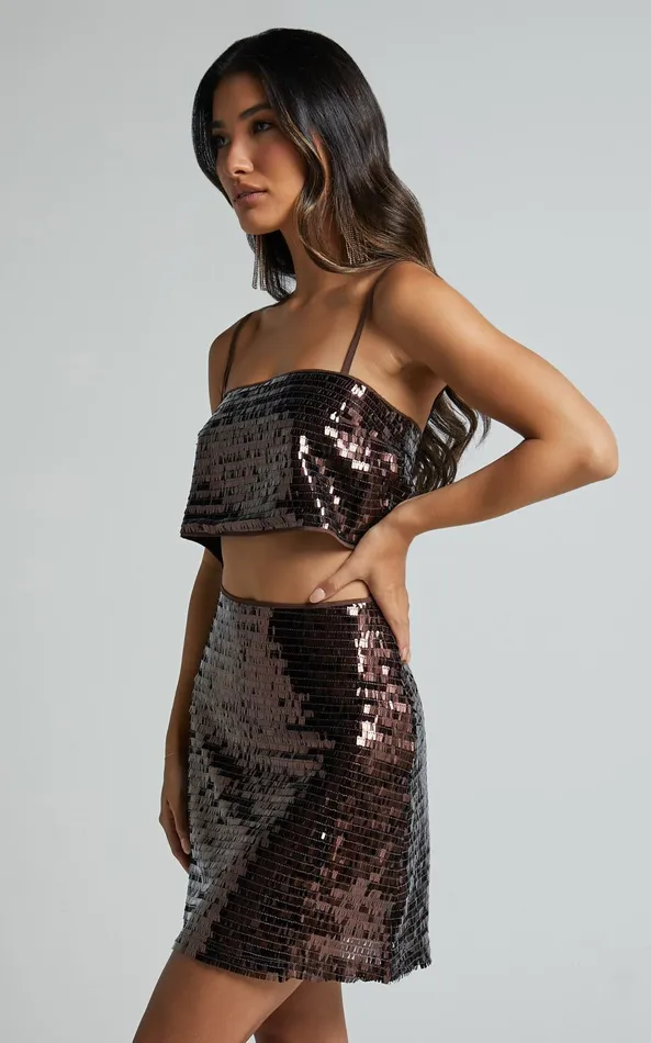 Showpo Barlyn Mini Skirt 8211 High Waisted Aline Flat Sequin Skirt In Chocolate Women Skirts