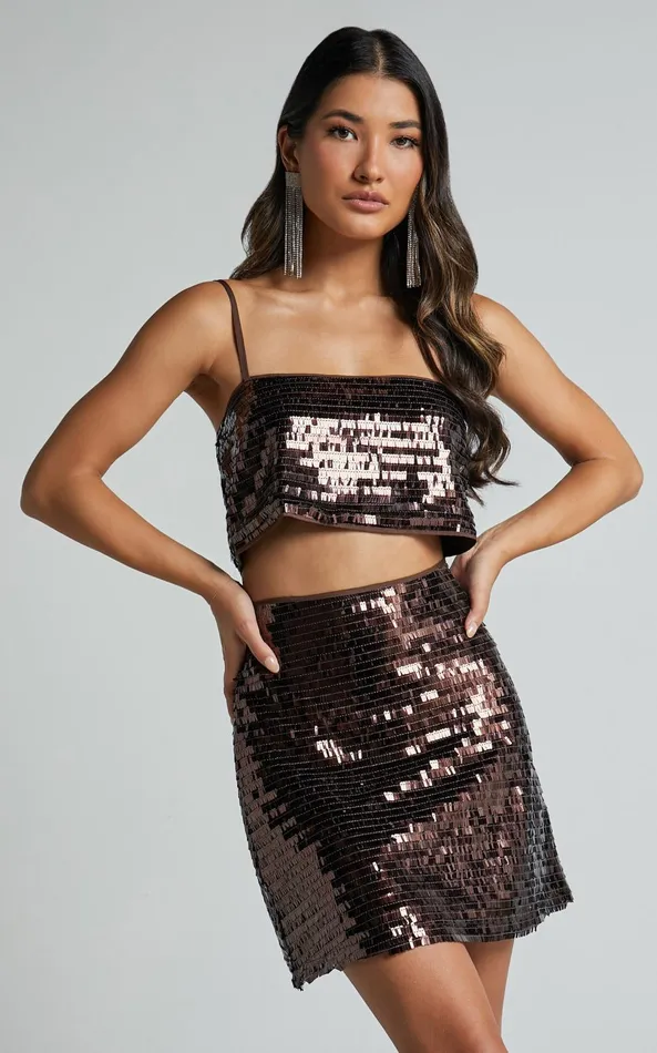 Showpo Barlyn Mini Skirt 8211 High Waisted Aline Flat Sequin Skirt In Chocolate Women Skirts