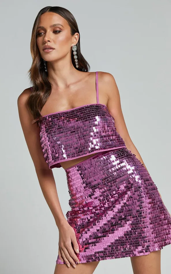Showpo Barlyn Mini Skirt 8211 High Waisted Aline Flat Sequin Skirt In Orchid Women Skirts