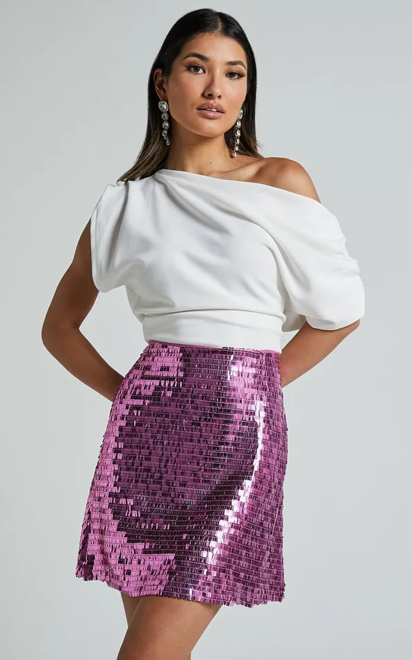 Showpo Barlyn Mini Skirt 8211 High Waisted Aline Flat Sequin Skirt In Orchid Women Skirts