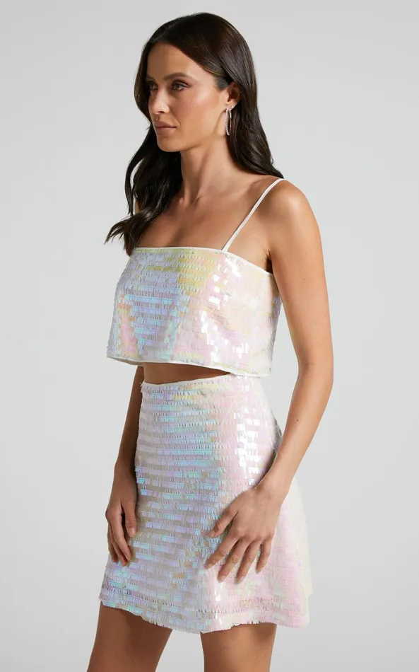 Showpo Barlyn Mini Skirt 8211 High Waisted Aline Flat Sequin Skirt In Pearl Women Skirts