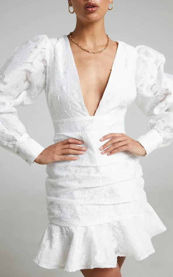 Showpo Baxia Mini Dress 8211 Textured Balloon Sleeve Dress In White Women Curve Clothes Showpo Baxia Mini Dress 8211 Textured Balloon Sleeve Dress In White Women Curve Clothes