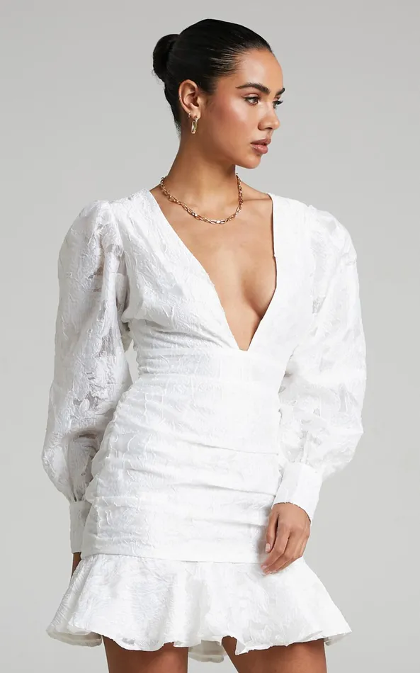 Showpo Baxia Mini Dress 8211 Textured Balloon Sleeve Dress In White Women Curve Clothes
