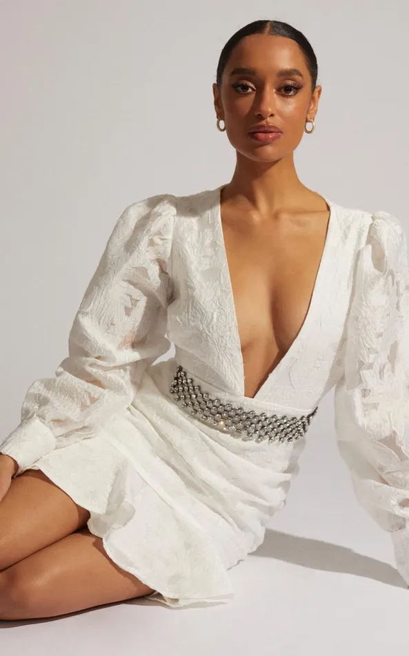 Showpo Baxia Mini Dress 8211 Textured Balloon Sleeve Dress In White Women Curve Clothes
